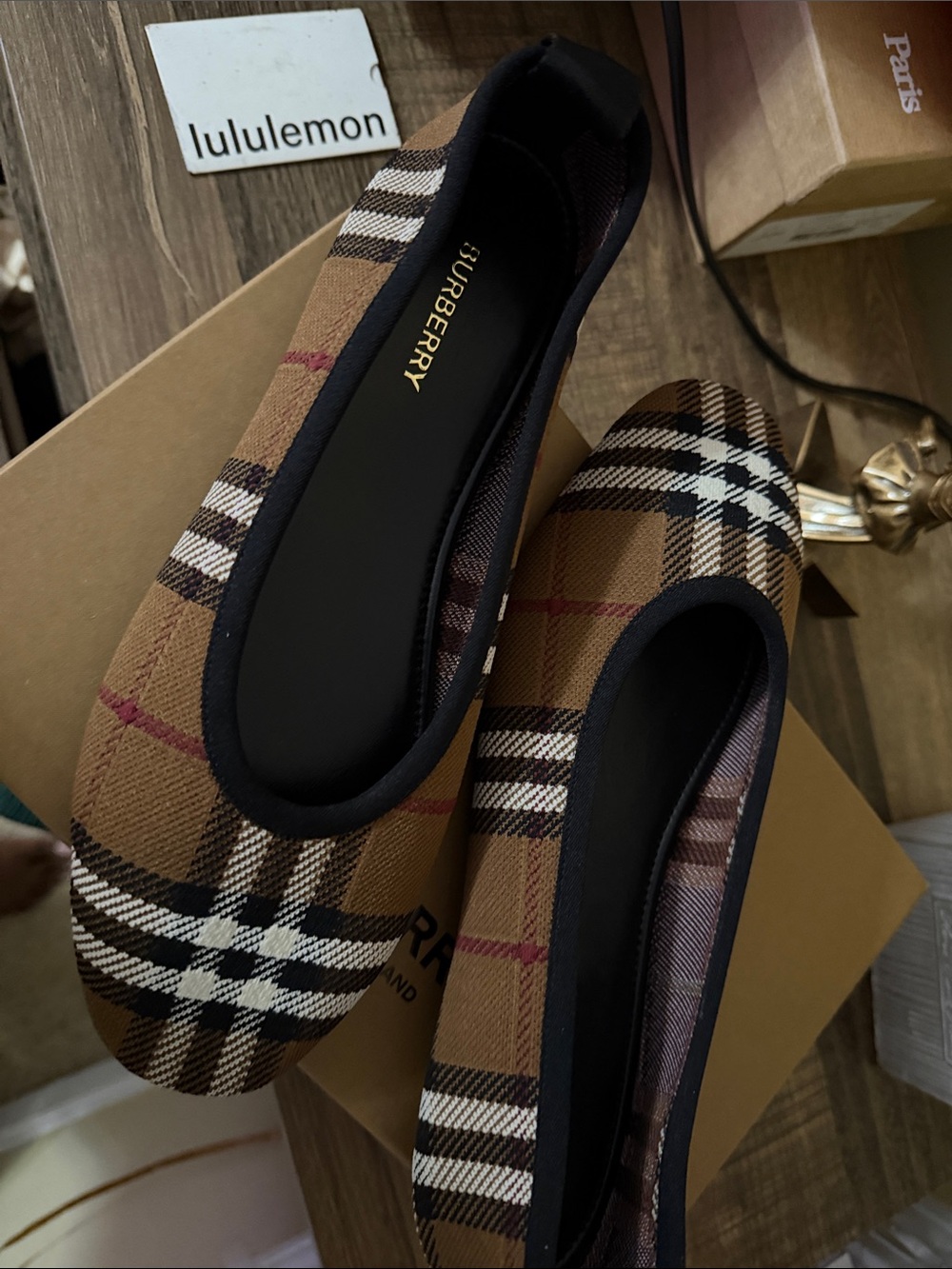 Burberry Brown Plaid Ballet Flats with Black Trim